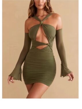 Oh Polly Olive Cutout Ruched Mini Dress